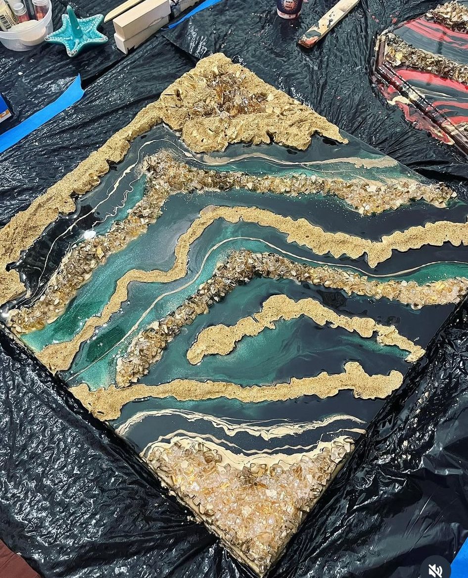 Teal and gold crystal geode resin wall art
